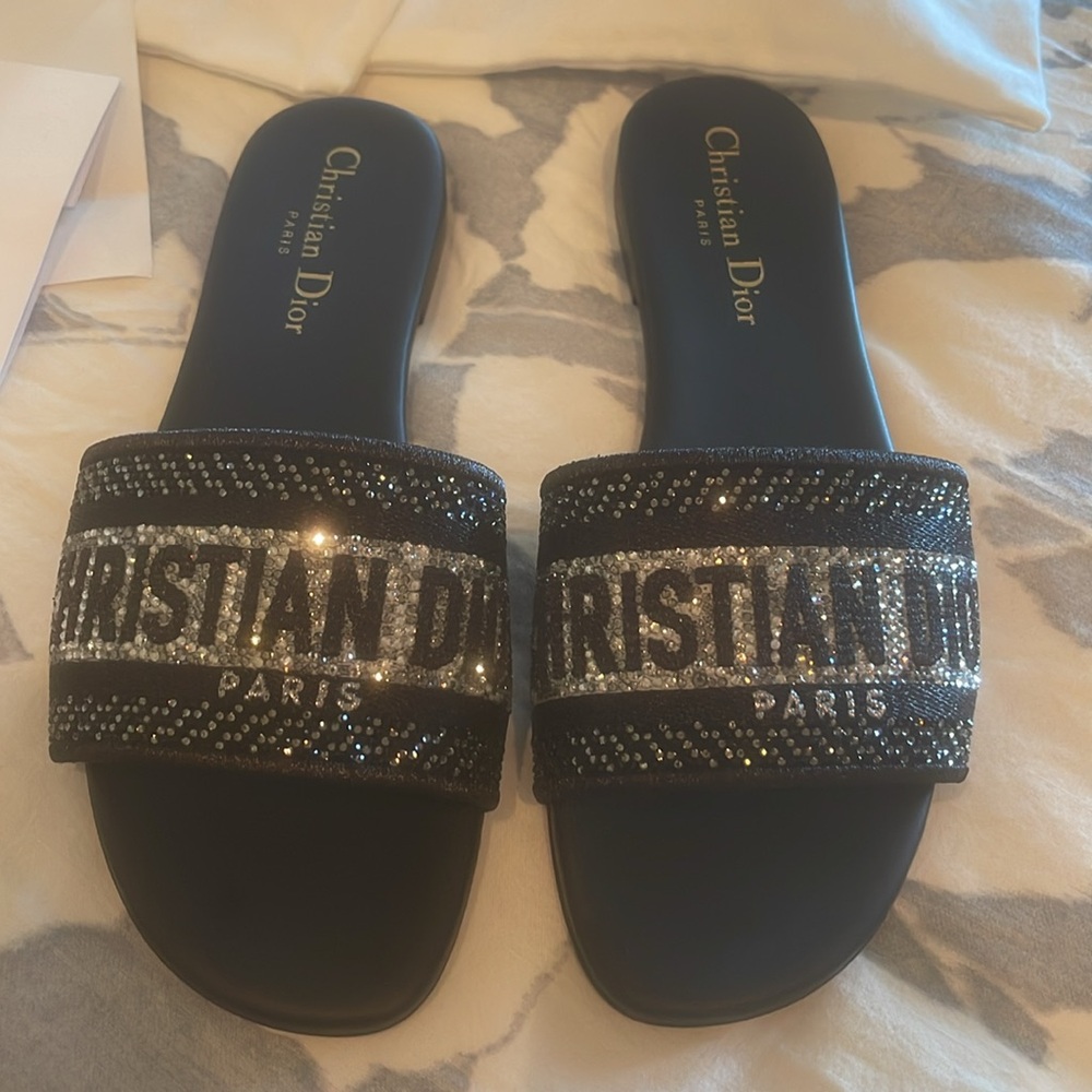 Dior Dway Slide Black sandals embroidered w/sparkly stones. Too sm; new.